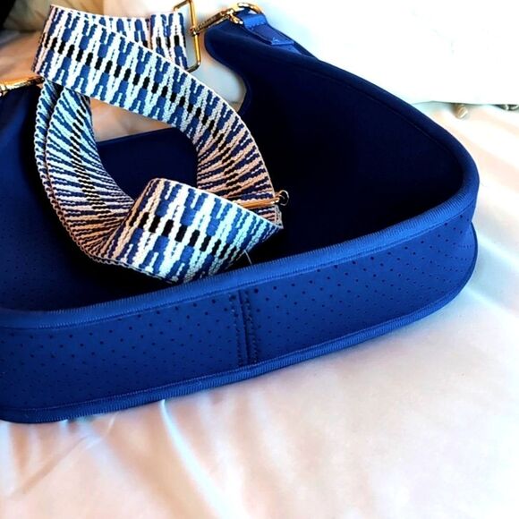 Ah dorned Royal Blue Neoprene Messenger Bag Style -Blue/Black White Woven Strap - Picture 9 of 15